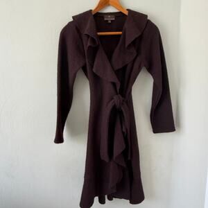 Fenn Wright Manson 100% Wool Ruffled Long Tie-Waist Cardigan Coat Brown, size S